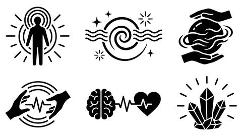 Set of six black and white abstract icons representing energy, healing, and.. Stockillustratie