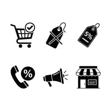 Set of six black and white icons representing shopping discounts promotions.. Stock Illustration