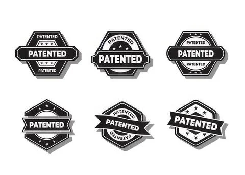 Set of six black and white patent badge icons with different shapes Stock Illustration