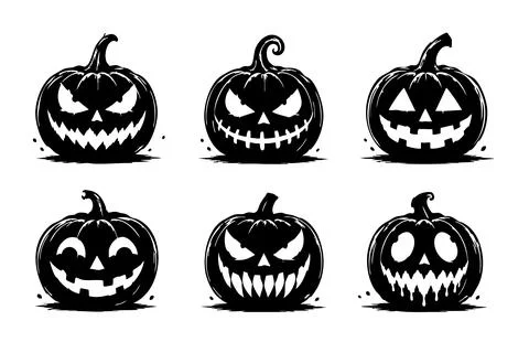 Set of six black and white scary Halloween pumpkin icons with different carved Stock Illustration