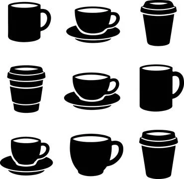 Set of six black coffee cups and travel mugs with lids on table Stock Illustration