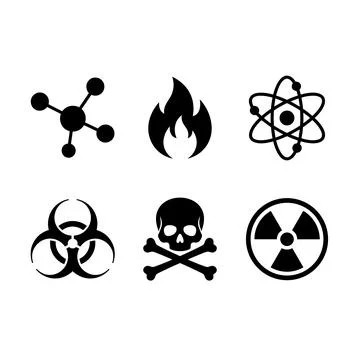 Set of six black danger hazard symbols including molecular structure, flame.. Ilustração Stock
