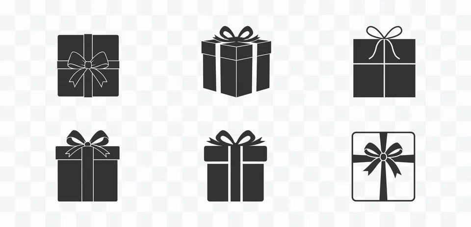 Set of six black gift box icons with bows Stock Illustration