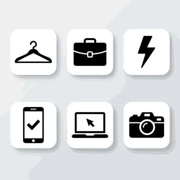 Set of six black icons on white rounded squares: clothes hanger, briefcase,.. Stock Illustration