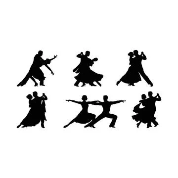 Set of Six Black Silhouette Couples Dancing Ballroom Styles in Various Grac.. Illustrazione stock