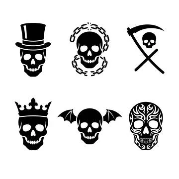 Set of six black skull vector icons featuring diverse styles: top hat, chains Stock Illustration