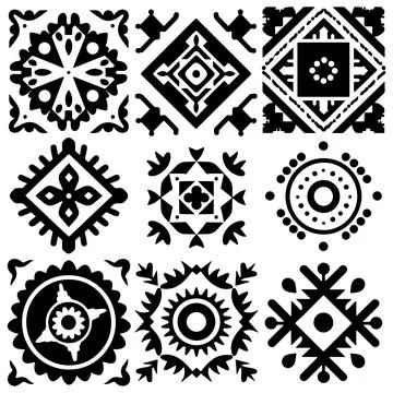 Set of six black stensils, square shape, goa style Illustrazione stock