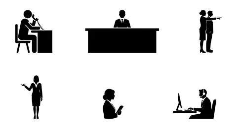 A set of six black vector illustrations depicting various receptionist and busin Stock Illustration
