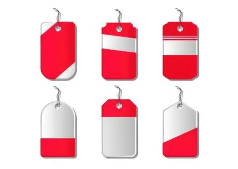 Set of six blank red and white price tags with string Stock Illustration