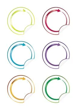 Set of six blank stickers with peeling corner and arrow, vector illustration Stock Illustration