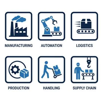 Set of six blue icons representing manufacturing, automation, logistics, pr.. Stock Illustration