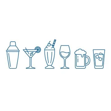 Set of six blue line art icons depicting various drinks: cocktail shaker, mar Stock Illustration
