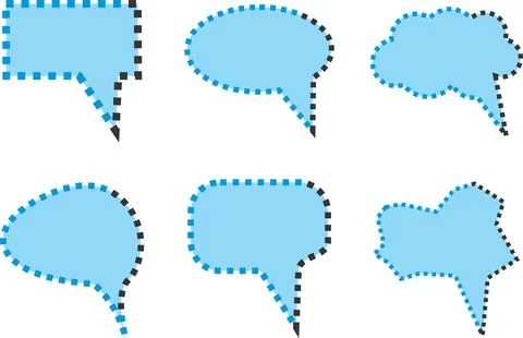 A set of six blue speech bubbles with pixelated edges, perfect for comic bo.. Иллюстрация