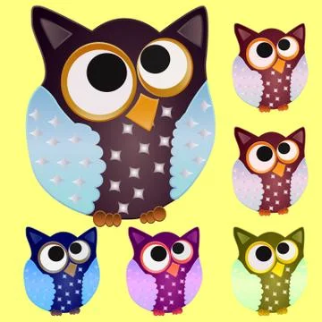 Set of six Brown owl with blue wings in stars and eyes centered on the center Ilustración de archivo