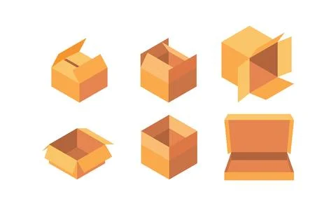 Set of six cardboard boxes opening and closing, isometric view, packaging Stockillustratie