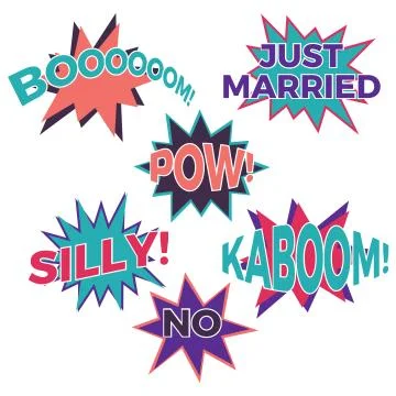 Set of six cartoon comic balloon speech bubbles in flat style Illustrazione stock