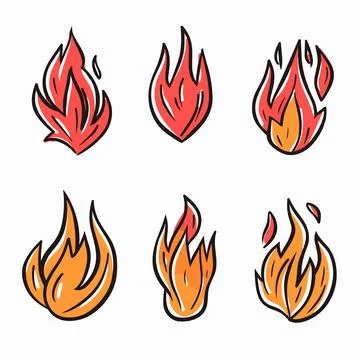 Set six cartoon fire flames, different shapes styles, vibrant colors. Handdrawn Illustrazione stock