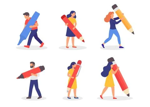 Set of six characters carrying oversized pens and pencils. Flat vector Stock Illustration