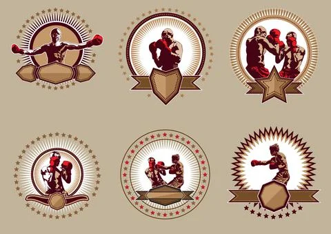 Set of six circular boxing icons or emblems Stock Illustration