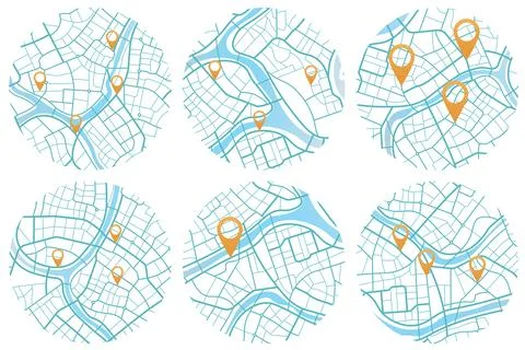 Set of six circular city map icons showing street grid and river with orange Stock Illustration