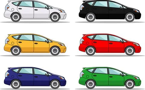Set of six colored cars isolated on white background in flat style Stock Illustration