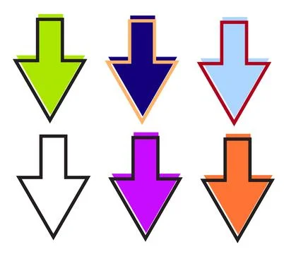 Set of Six Colorful Down Arrows in Pop Art Style - Flat Vector Direction Icon Stock Illustration