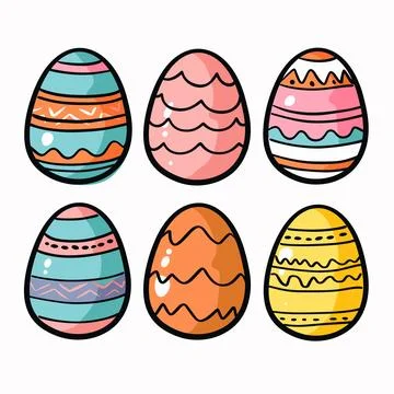 Set six colorful Easter eggs decorated various patterns. Handdrawn style designs Stock Illustration