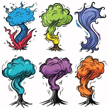 Set six colorful exploding trees cartoon drawings, tree displays vibrant イラスト素材