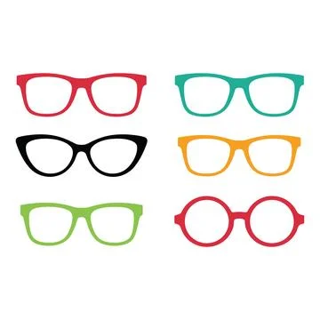 Set of six colorful eyeglasses with different frame shapes and colors on a .. Stock Illustration