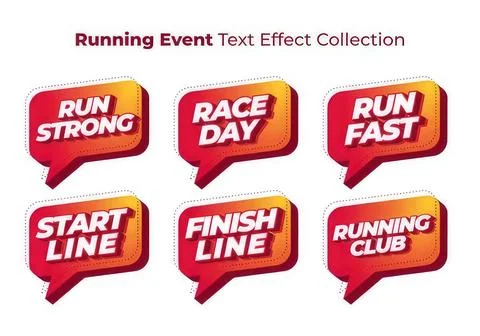 Set of six colorful speech bubble icons with running event words Stock Illustration