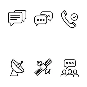 Set of six communication technology icons featuring satellite dishes satell.. Illustrazione stock