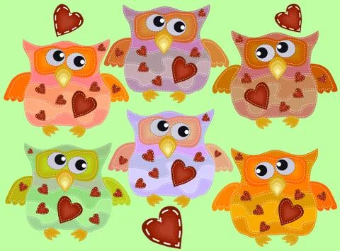 A set of six cool owls with drunken flickering eyes in different directions,  Stock Illustration