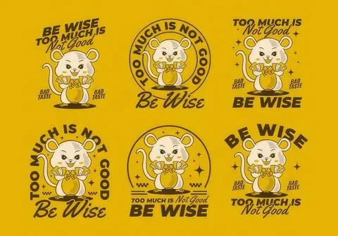Set of six cute cartoon mouse characters with positive messages Stock Illustration