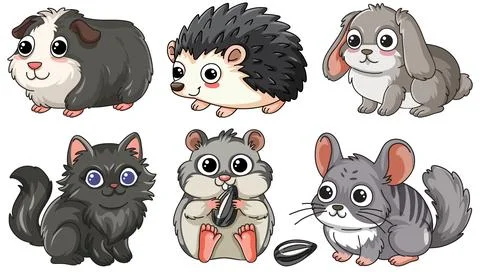 Set of Six Cute Cartoon Small Pets and Forest Animals Stock Illustration