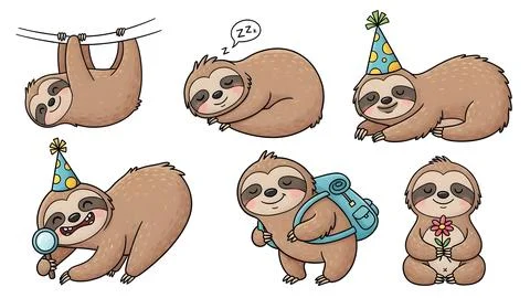 Set of Six Cute Sloth Cartoon Characters with Party, Travel, and Sleep Poses 库存插图