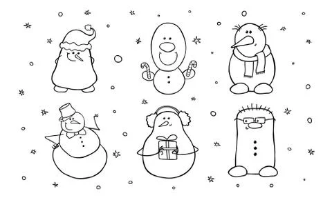 Set of six cute snowmen. Stock Illustration