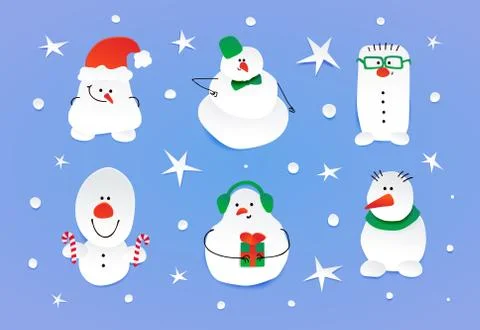 Set of six cute snowmen. Stock Illustration
