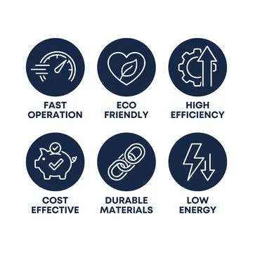 Set of six dark blue circular icons representing product features: fast ope.. Ilustración de archivo