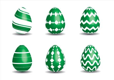 Set of six decorative Easter eggs green and white on white background Stock Illustration
