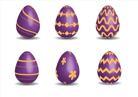 Set of six decorative Easter eggs purple and gold on white backgrround Stock Illustration