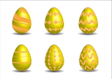 Set of six decorative Easter eggs yellow and gold on white background Stock Illustration