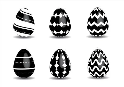 Set of six decorative Easter eggs with black and white on white background Stock Illustration
