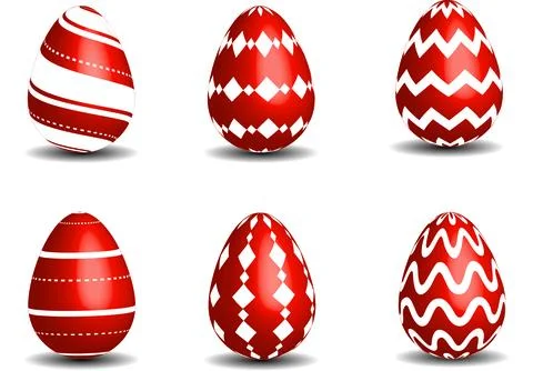 Set of six decorative red and white Easter eggs on white background Stock Illustration