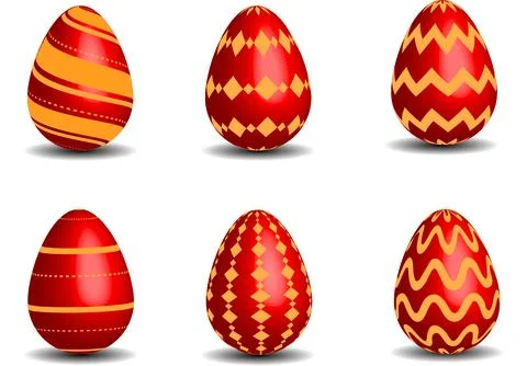 Set of six decorative red and gold Easter eggs on white background Stock Illustration