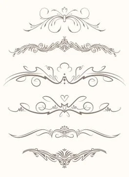 Set of six decorative vintage vector page elements, text dividers. Stockillustratie