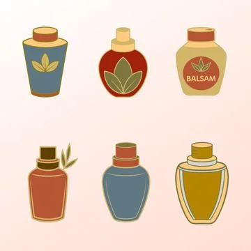 A set of six different colored bottles with the word balm on the top Stock Illustration