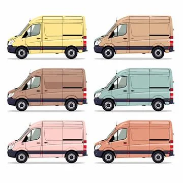 Set six different colored delivery vans side view, cargo transport vehicles Stock Illustration