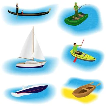 Set of six different kind boats isolated on a white background. Stock Illustration