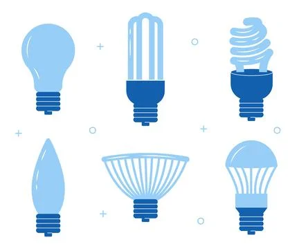 Set of six different light bulb icons in flat blue style Stock Illustration