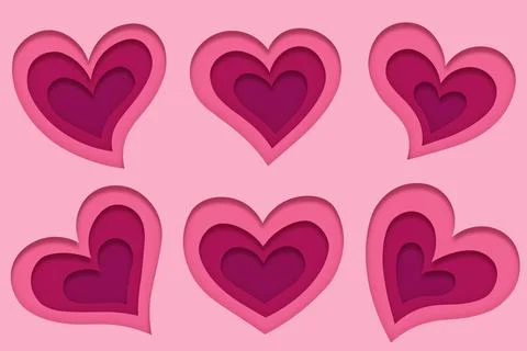 Set of six different lovely pink hearts icons in paper art style Stock Illustration